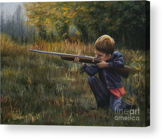 Boy Acrylic Print featuring the painting First Shot by Susan Thompson