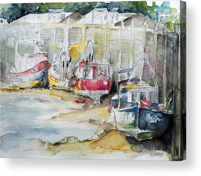 Summer Acrylic Print featuring the painting Fishing Boats Settled Aground During Ebb Tide by Barbara Pommerenke