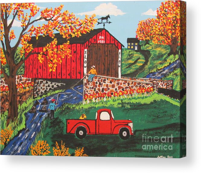 Country Art Acrylic Print featuring the painting Fishing Under The Covered Bridge by Jeffrey Koss