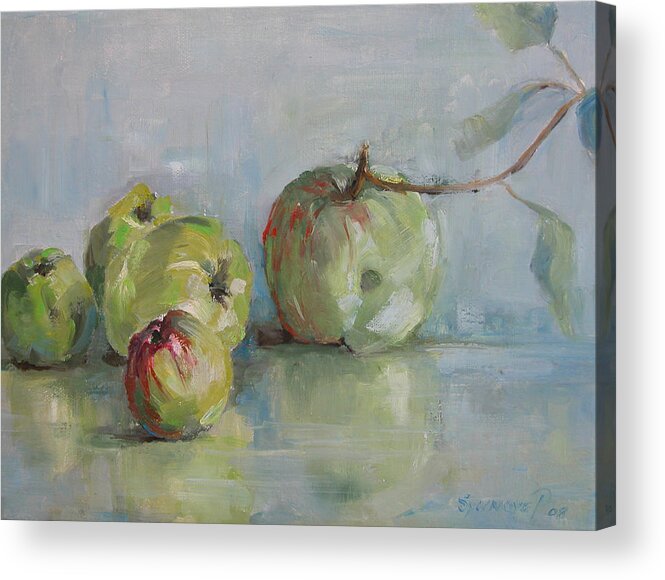 Apples Acrylic Print featuring the painting Five Apples by Synnove Pettersen