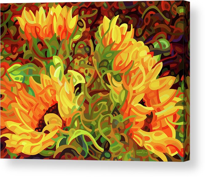 Fine Art Acrylic Print featuring the painting Four Sunflowers by Mandy Budan