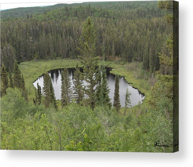 Esker Hills Saskatchewan Hanson Lake Road Lake Forest Water Trees Evergreen Scenery Wild Pond Acrylic Print featuring the photograph From the top of Esker Hills by Andrea Lawrence