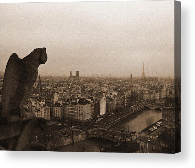 Notre Dame Acrylic Print featuring the photograph Gargoyle Over Paris by Mark Currier