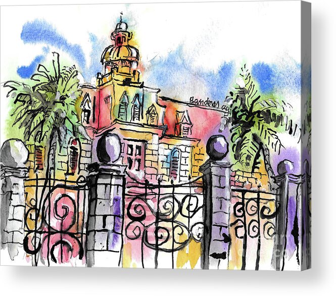 Watercolor Acrylic Print featuring the painting Gated Residence by Terry Banderas