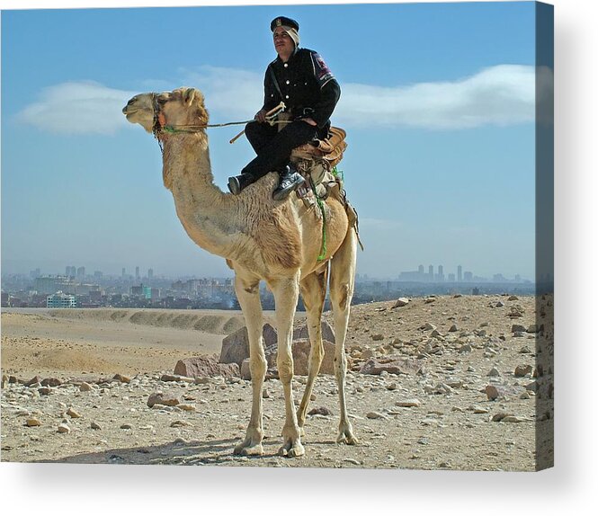 Egypt Acrylic Print featuring the photograph Giza Pyramids Camel Tourist Police by Joseph Hendrix
