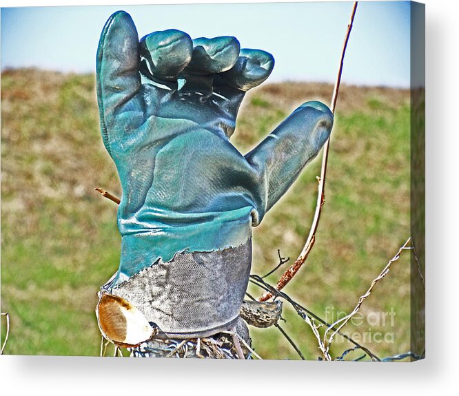  Acrylic Print featuring the photograph Glove on Fence Post in Field Palm Froward by David Frederick
