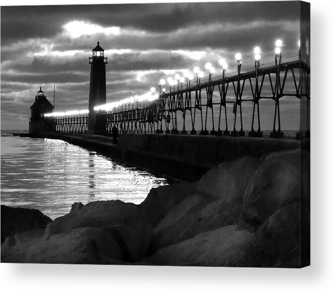 Evening Acrylic Print featuring the photograph Grand Haven Lighthouse Evening B W by David T Wilkinson