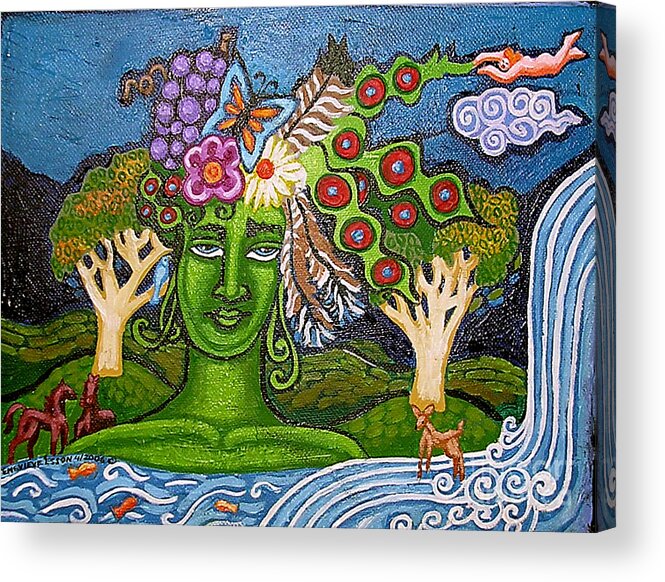 Green Goddess Acrylic Print featuring the painting Green GoddessWith Waterfall2 by Genevieve Esson