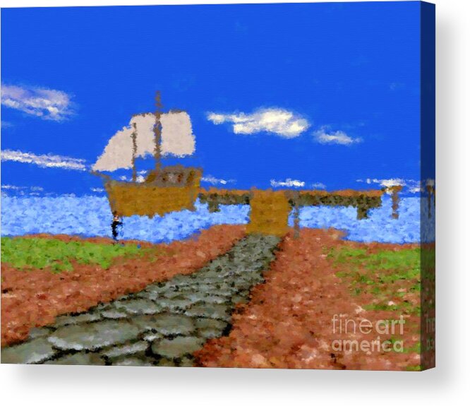 Watercolour Acrylic Print featuring the mixed media Harbor with boat by Miroslav Nemecek
