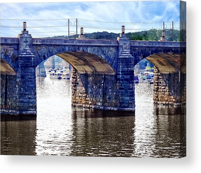 I Saw This View Of The Market Street Bridge From The Walnut Street Pedestrian Bridge. The Market Street Bridge Goes From Downtown Harrisburg To City Island Known For Entertainment And Sporting Events. You Can See The City Island Marina Through The Arches Of The Bridge. Acrylic Print featuring the photograph Harrisburg PA - Market Street Bridge by Susan Savad