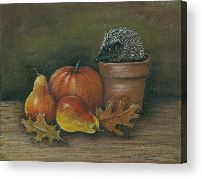 Still Life Acrylic Print featuring the painting Hedgehog In Flower Pot by Linda Nielsen