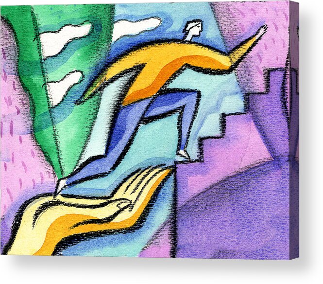  Ascend Ascending Ascension Assist Assistance Boost Career Path Climb Climbing Contribute Cooperate Cooperation Destination Future Hand Help Helpful Helping Helping Hand Helping Hands Opportunities Opportunity Reinforce Rise Rising Stepping Acrylic Print featuring the painting Helping Hand And Career by Leon Zernitsky