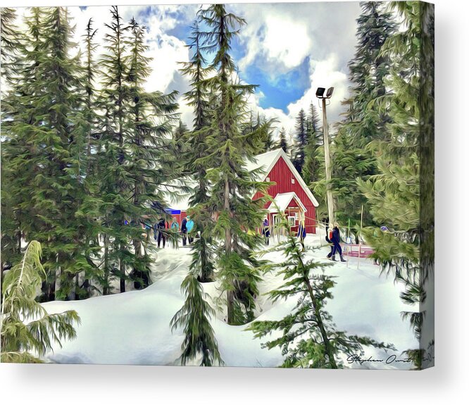 Hollyburn Acrylic Print featuring the digital art Hollyburn Lodge with snow- Digital Oil by Birdly Canada