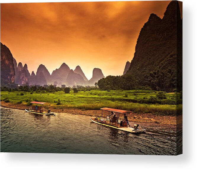 Sunset Acrylic Print featuring the photograph Home boat in red evening glow-China Guilin scenery Lijiang River in Yangshuo by Artto Pan
