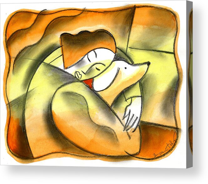 : Affection Animal Animals Bonding Care Caring Caucasian Closed Eyes Color Color Image Colour Dog Drawing Embracing Eyes Closed Faith Female Friend Friendship Hugging Illustration Illustration And Painting Jointly Lifestyle Love One One Animal One Person People Person Together Trust Horizontal Waist Up Waist-up Western European Woman Acrylic Print featuring the painting I Love My Dog by Leon Zernitsky