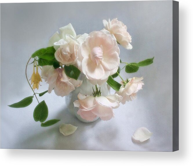 Roses Acrylic Print featuring the photograph June Roses with Honeysuckle by Louise Kumpf