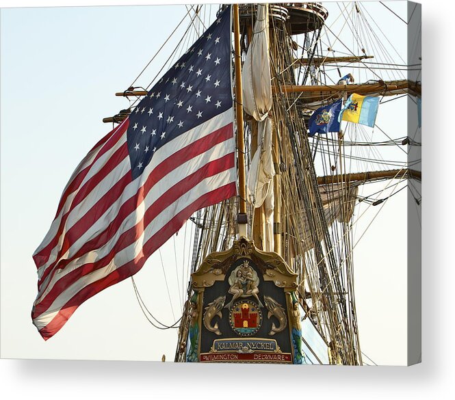 Kalmar Nyckel American Flag Tall Ship Wilmington Delaware Penns Landing Philadelphia Acrylic Print featuring the photograph Kalmar Nyckel American Flag by Alice Gipson