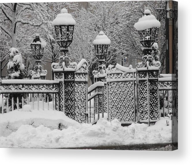 Country Club Plaza Acrylic Print featuring the photograph KC Plaza is Art in the Snow by Michael Oceanofwisdom Bidwell