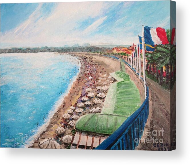 France Acrylic Print featuring the painting La Plage et Promenade des Anglais, Nice, France by C E Dill