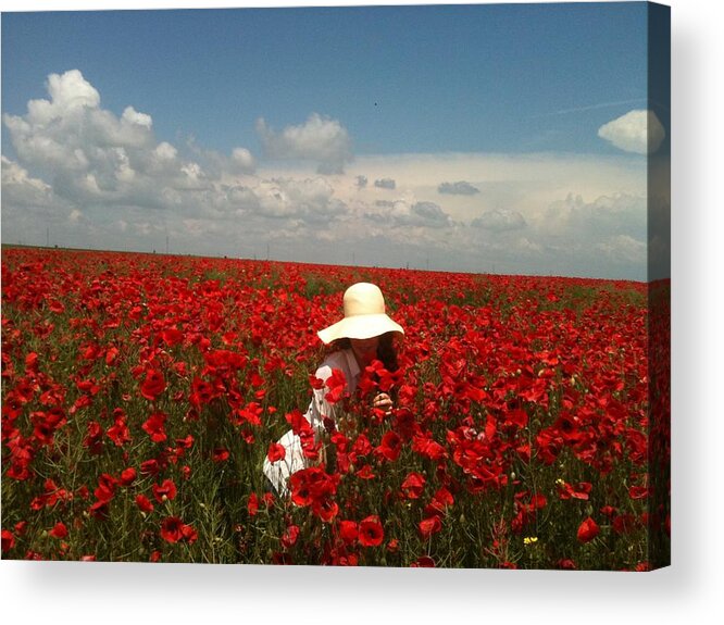 Red Poppies Field Acrylic Print featuring the painting Lady and Red Poppies by Georgeta Blanaru