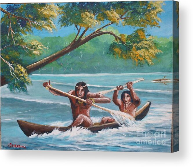 Natives Acrylic Print featuring the painting Locals rowing in the Amazon River by Jean Pierre Bergoeing