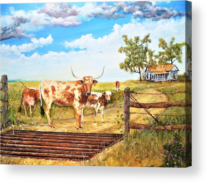 Longhorns Acrylic Print featuring the painting Longhorn stand off your place or mine by Michael Dillon