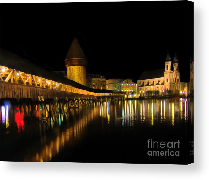Lake Acrylic Print featuring the photograph Lucerne Night Beauty II - Painting by Al Bourassa