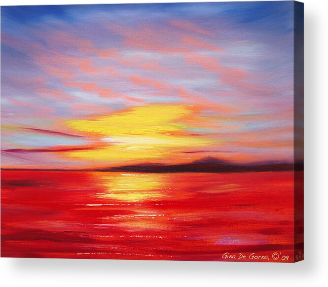Sunset Original Painting Gold Yellow Red And Orange Colors Art By Gina De Gorna Seascape Abstract Acrylic Print featuring the painting Magic at Sunset by Gina De Gorna