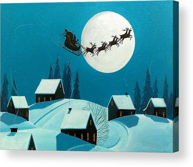 Art Acrylic Print featuring the painting Magical Night - Santa reindeer Christmas landscape by Debbie Criswell