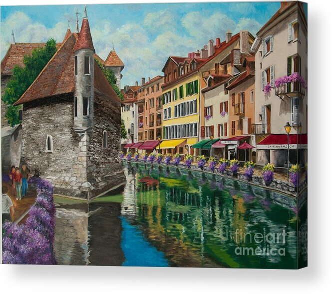Annecy France Art Acrylic Print featuring the painting Medieval Jail in Annecy by Charlotte Blanchard