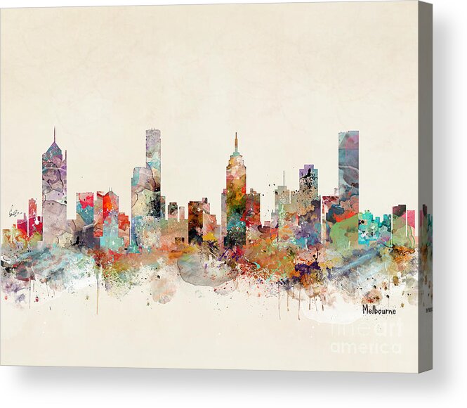 Melbourne City Skyline Acrylic Print featuring the painting Melbourne Australia by Bri Buckley