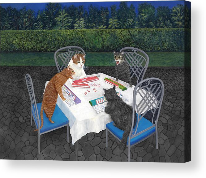 Cat Art Acrylic Print featuring the painting Meowjongg - Cats playing Mahjongg by Karen Zuk Rosenblatt