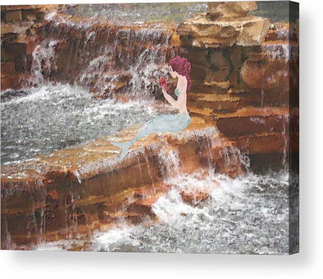 Waterfall Acrylic Print featuring the mixed media Mermaid and the Waterfall by Rosalie Scanlon