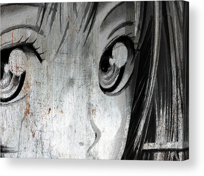 Metal Acrylic Print featuring the mixed media Metallic Anime Girl Eyes 2 Black And White by Tony Rubino