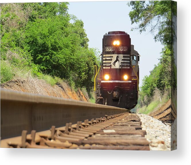 Train Acrylic Print featuring the photograph Mini train moves down the track by Aaron Martens