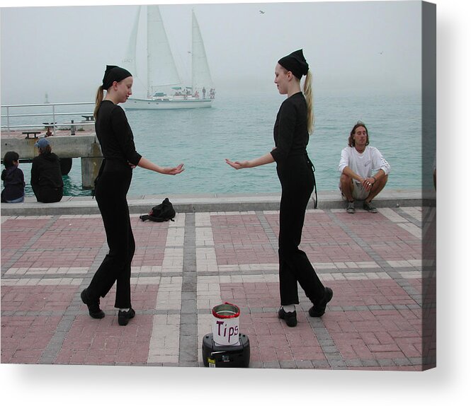 Women In Black Fog Mist Sailboat Ship Mimes Florida Acrylic Print featuring the photograph Mirror Mimes in Key West by Carl Purcell