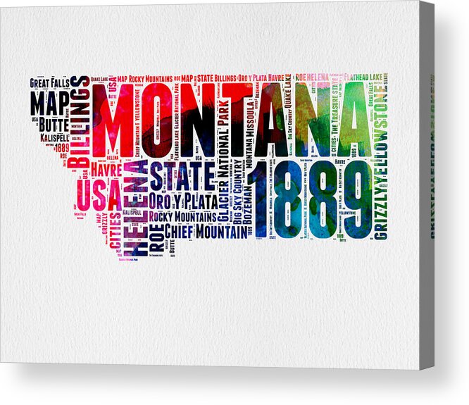 Montana Acrylic Print featuring the digital art Montana Watercolor Word Cloud by Naxart Studio