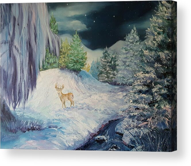 Winter Acrylic Print featuring the painting Moonlit Surprise by Sharon Casavant