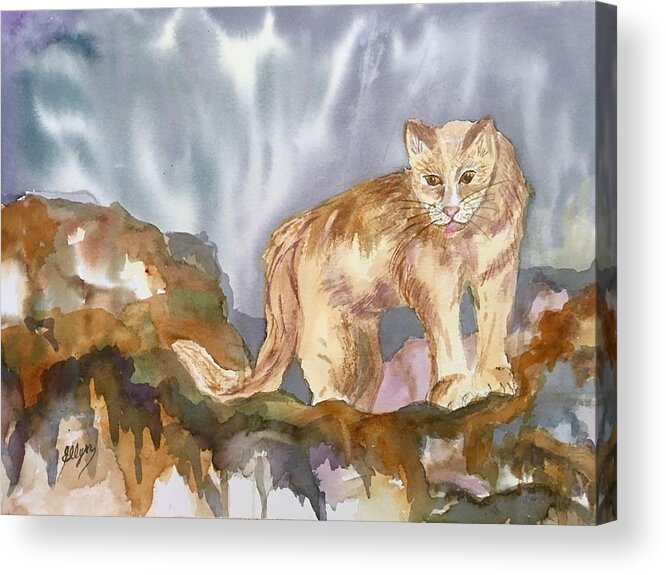 Mountain Lion Acrylic Print featuring the painting Mountain Lion on the Rocks by Ellen Levinson