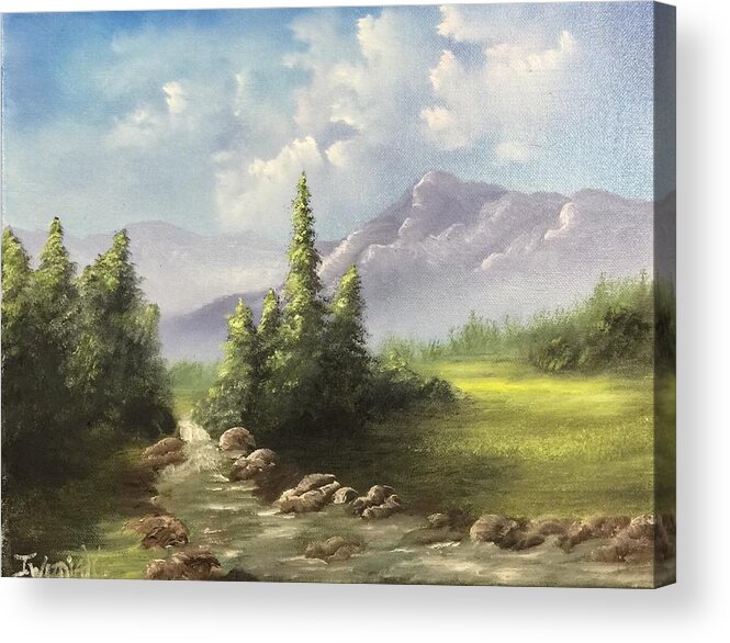 Mountain Landscape Water Sky Oil Nature Trees River Acrylic Print featuring the painting Mountain meadow by Justin Wozniak
