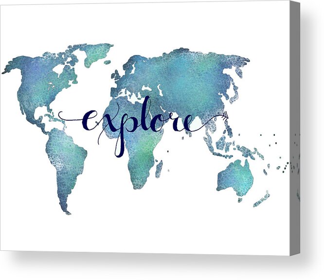 Explore Acrylic Print featuring the digital art Navy and Teal Explore World Map by Michelle Eshleman