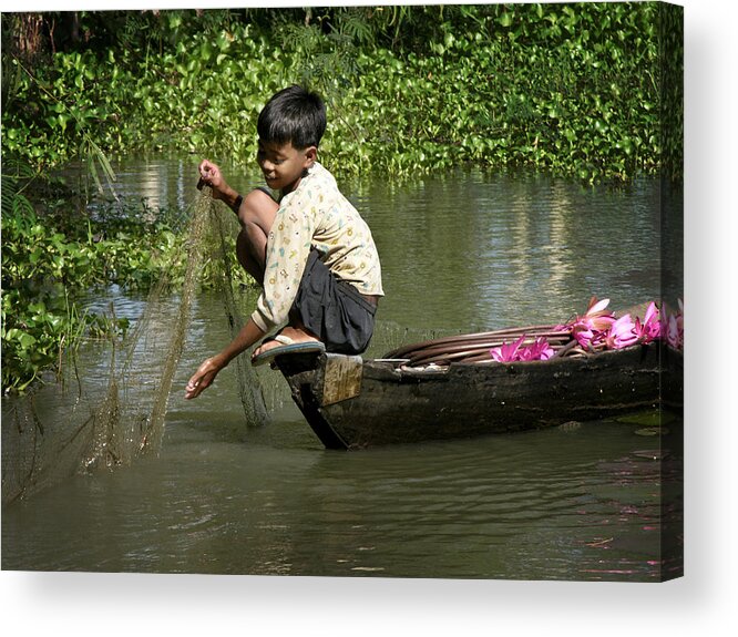 Children Acrylic Print featuring the photograph Net Fishing in Cambodia by Dusty Wynne