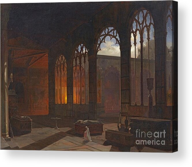 A. E. Haffer Acrylic Print featuring the painting Night Scene with a Monk in a Gothic Cloister by MotionAge Designs