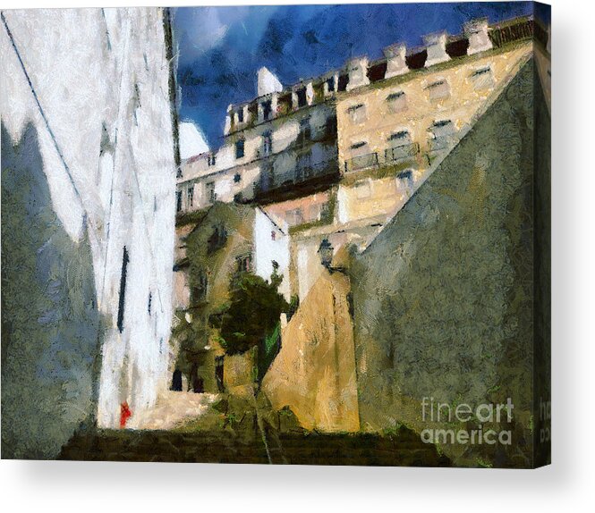 Alfama Acrylic Print featuring the painting Old stairs in Lisbon by Dimitar Hristov
