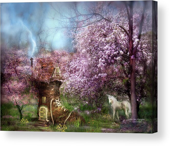 Unicorn Acrylic Print featuring the mixed media Once Upon A Springtime by Carol Cavalaris