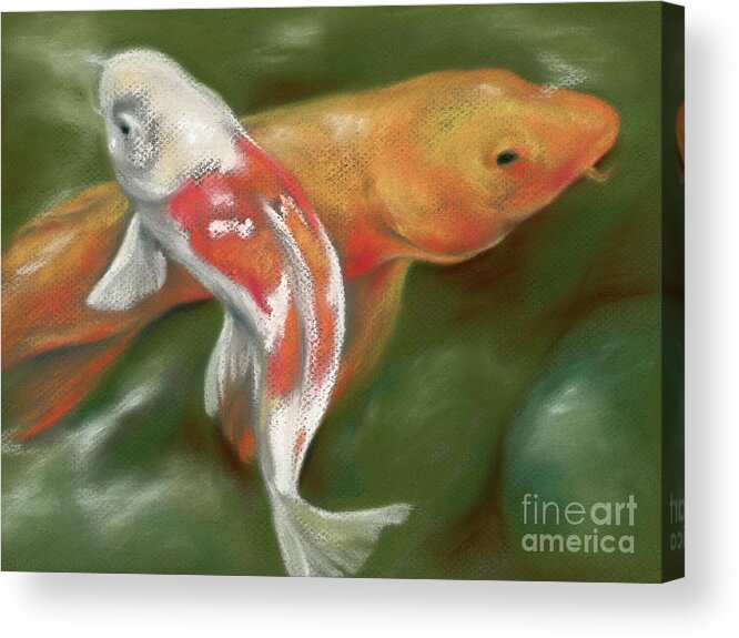 Animal Acrylic Print featuring the painting Orange and White Koi with Mossy Stones by MM Anderson