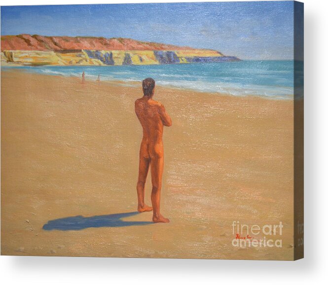 Hongtao Acrylic Print featuring the drawing Original Classic Oil Painting Man Body Art Male Nude By The Sea-0017 by Hongtao Huang