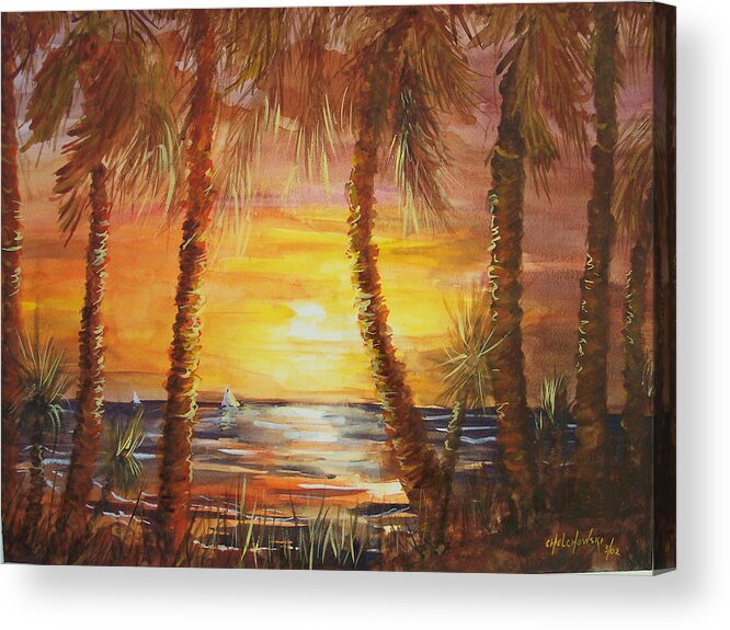 Palm Beach Ocean Palm Tree Sunset Florida Beach Acrylic Print featuring the painting Palm Beach by Miroslaw Chelchowski