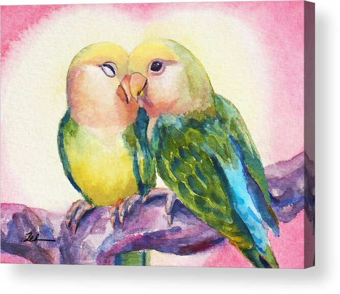 Lovebirds Acrylic Print featuring the painting Peach-faced Lovebirds by Janet Zeh
