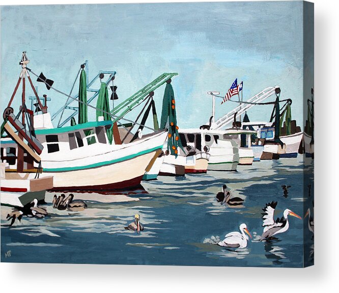 Boats Acrylic Print featuring the painting Pelican Patrol by Melinda Patrick